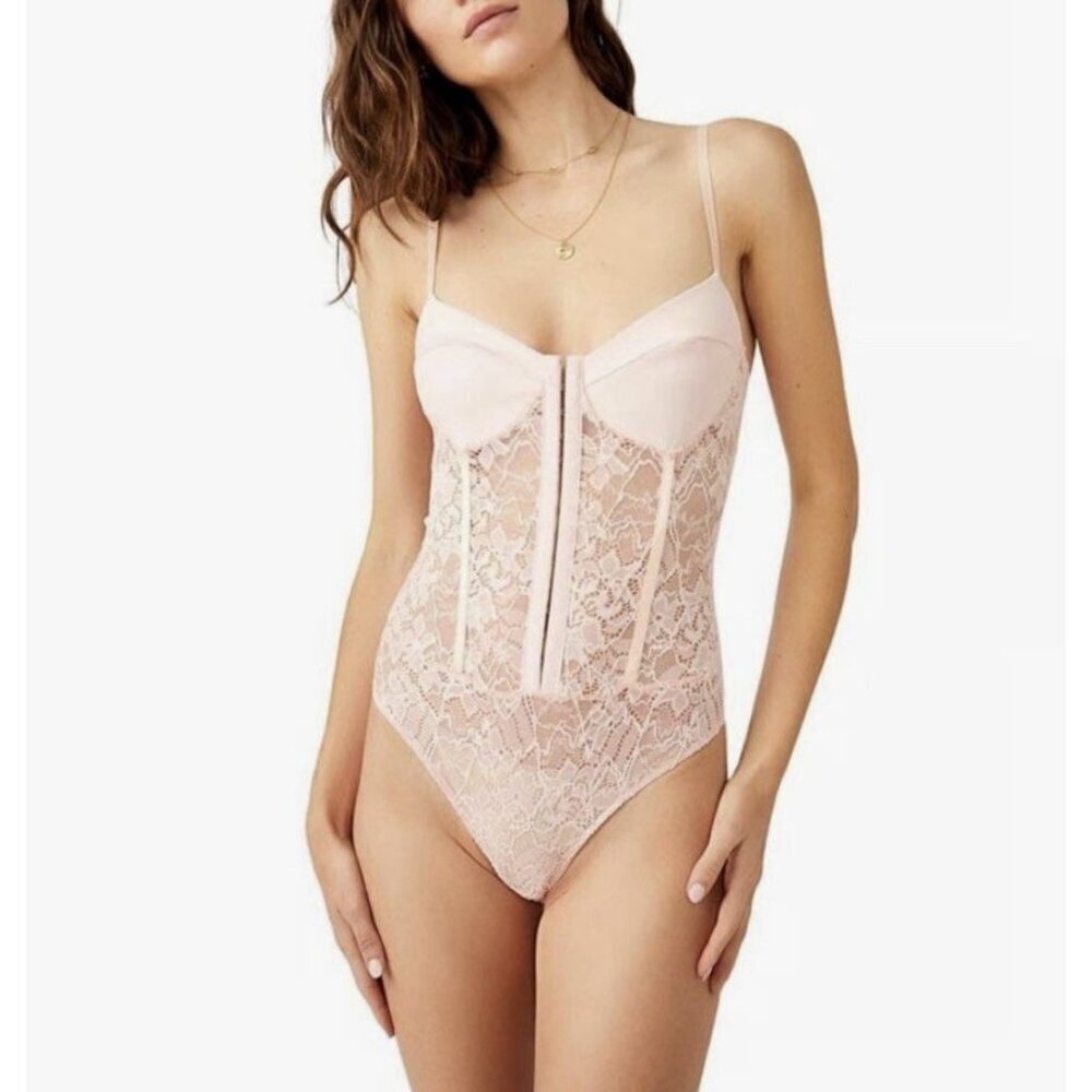 Free People Women's Lace Night Rhythm Bodysuit Size XS Pink Thong NWT $78
